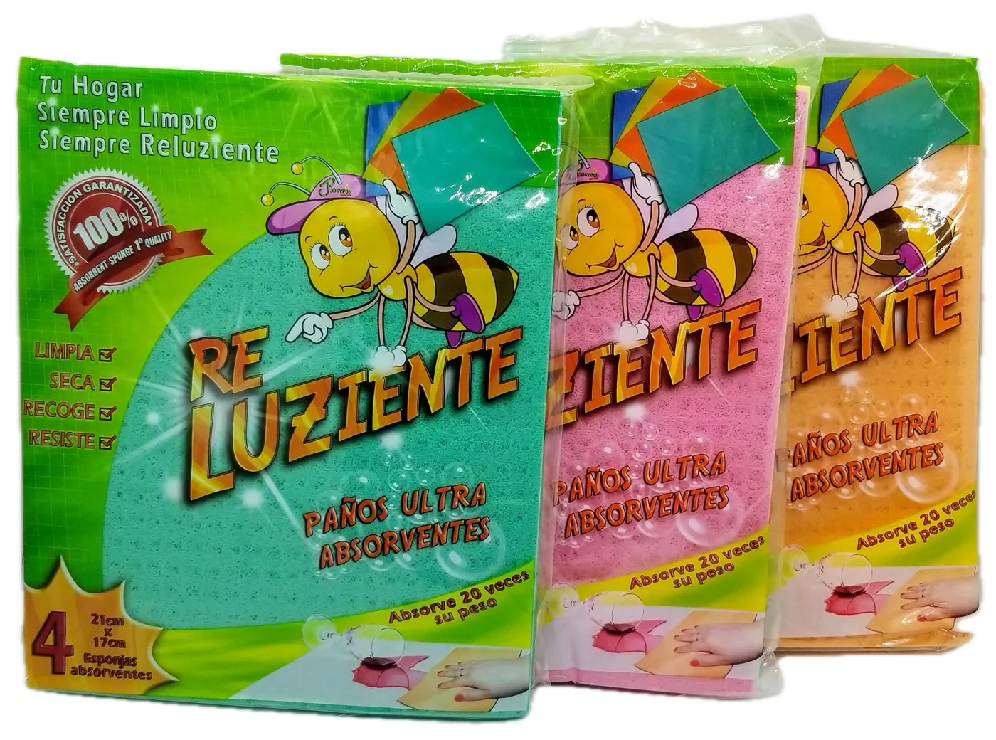 Packs de Paños Ultra Absorbentes Reluziente en menta, rosado y naranja